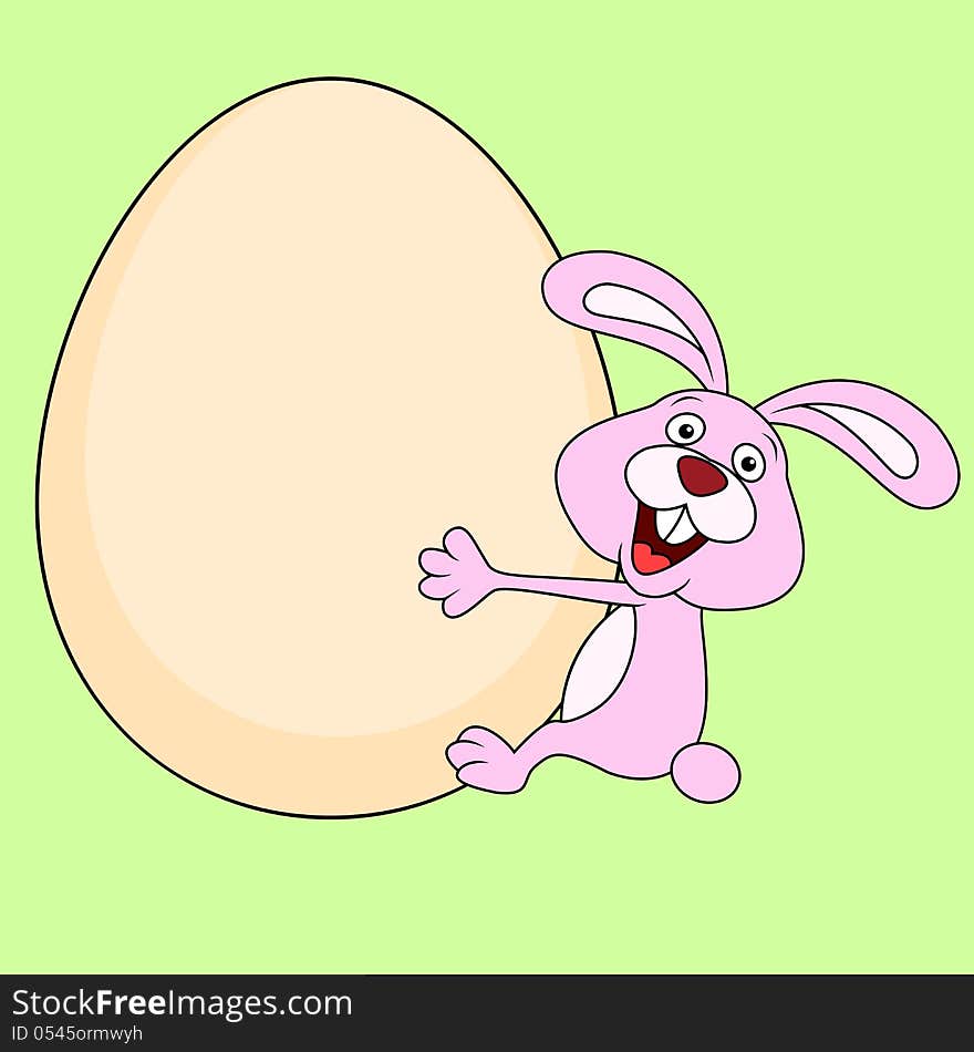 Illustration of rabbit cartoon embracing an egg