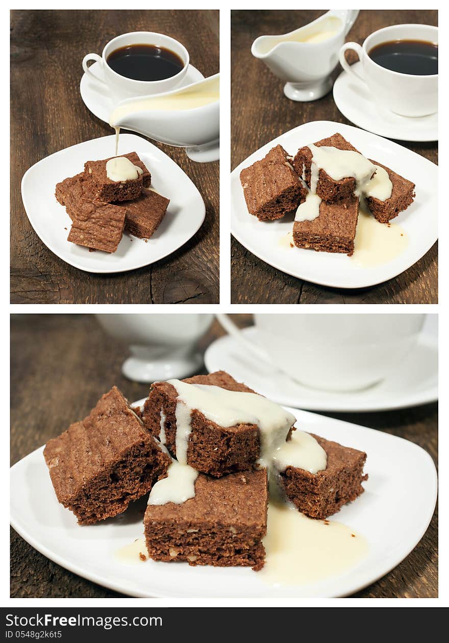 Set of chocolate cake with milk sauce and coffee