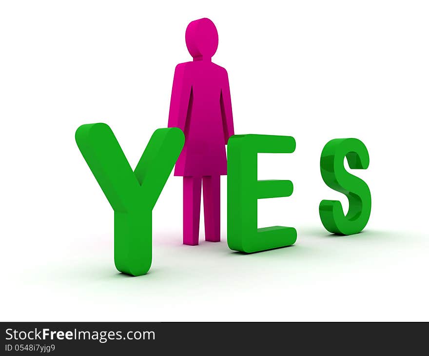 Female figure standing near to an yes icon. Concept 3D illustration