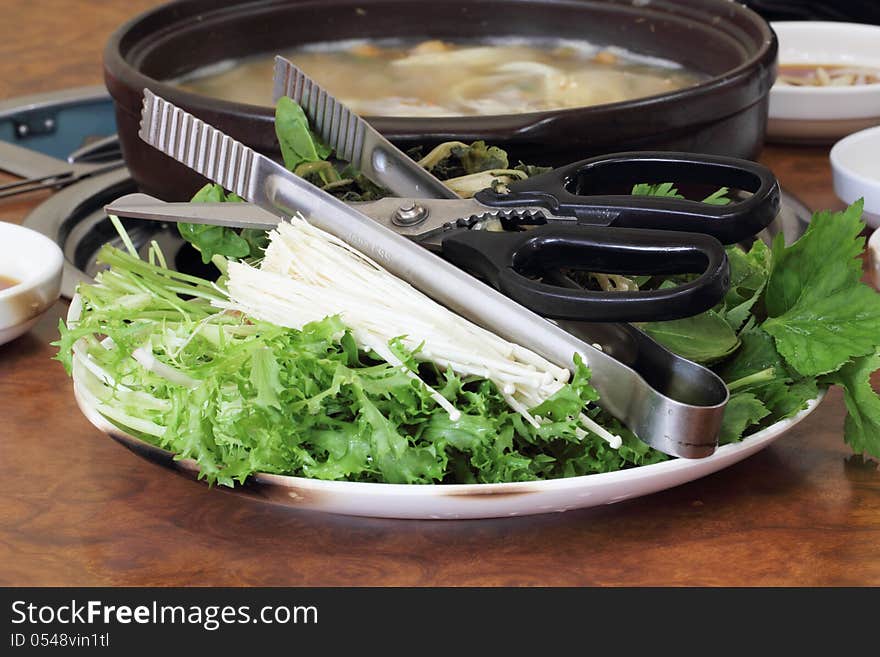 Prepared fresh vegetable for Korean hot pot cooking