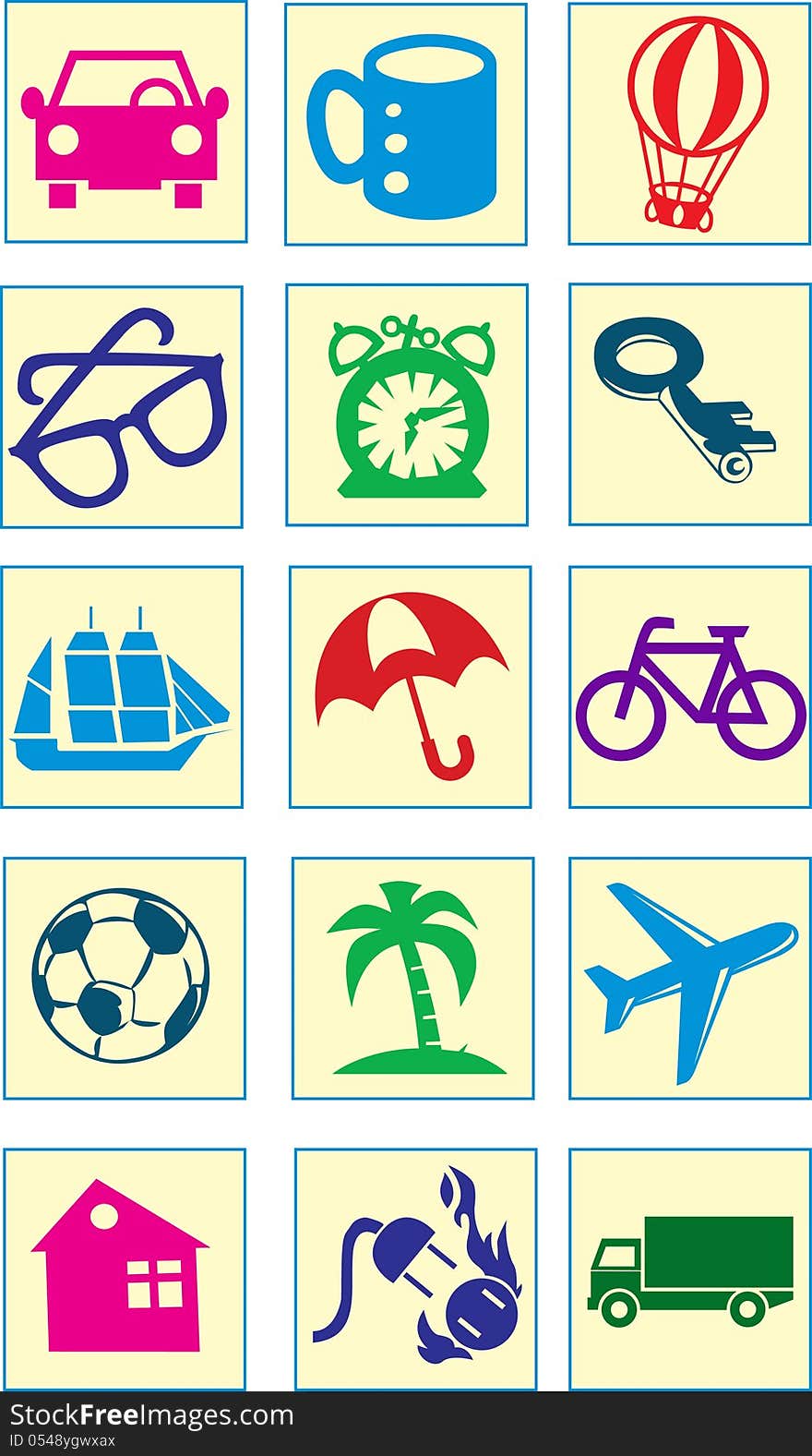 The illustration shows several icons representing various types of transport, objects and subjects. Illustration done in cartoon style, on separate layers. The illustration shows several icons representing various types of transport, objects and subjects. Illustration done in cartoon style, on separate layers.