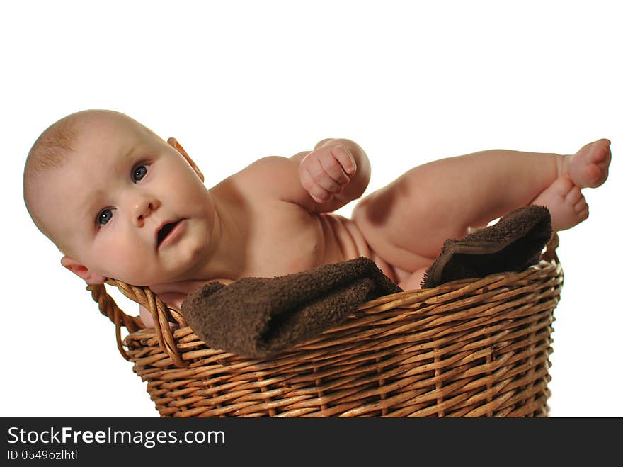 Newborn baby crawling out of the basket on whit background