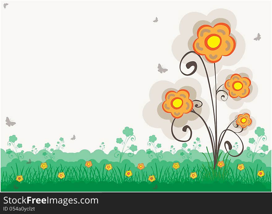 Colorful illustration showing colorful flower with ornament elements on green meadow. Colorful illustration showing colorful flower with ornament elements on green meadow.