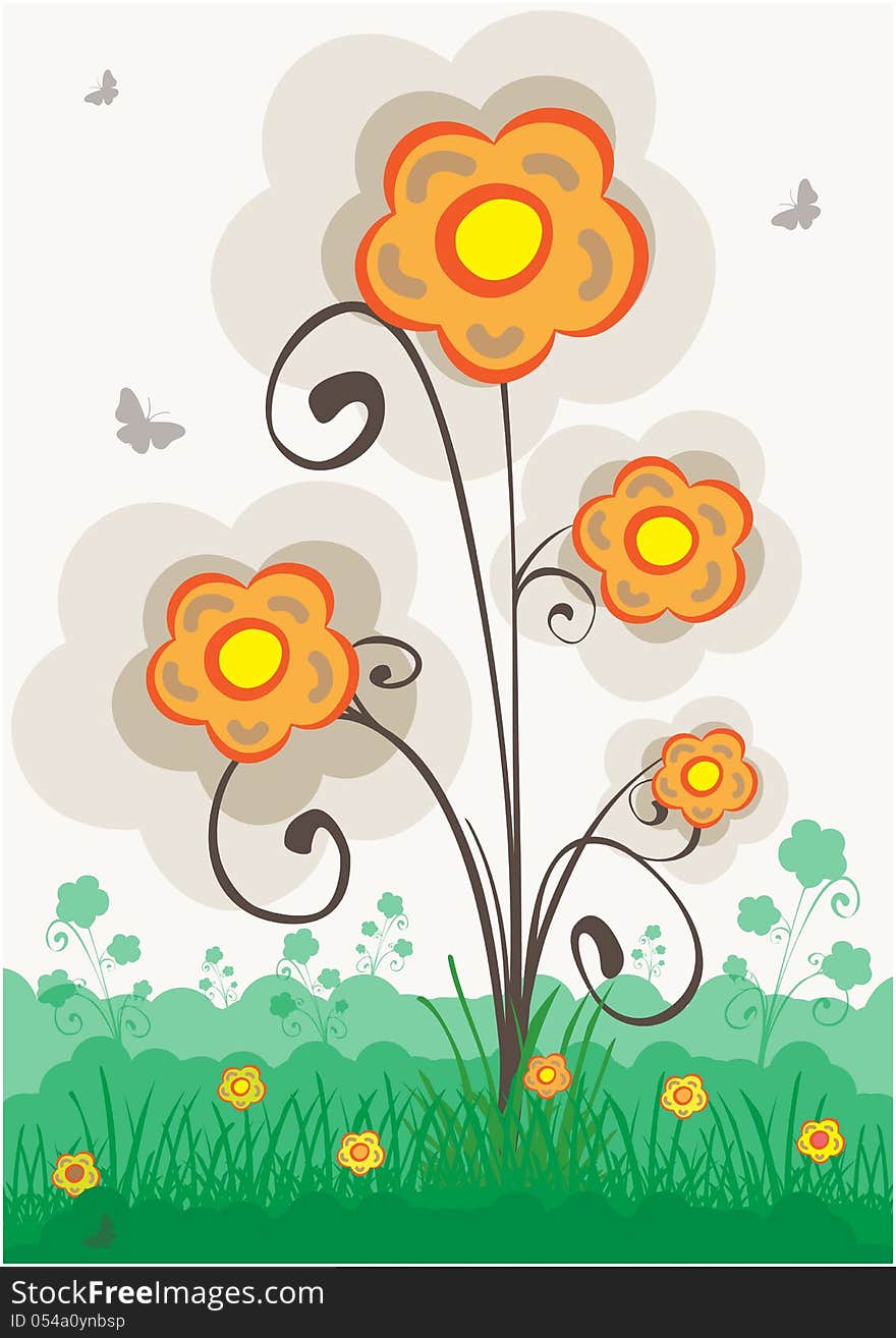 Colorful illustration showing colorful flower with ornament elements on green meadow. Colorful illustration showing colorful flower with ornament elements on green meadow.