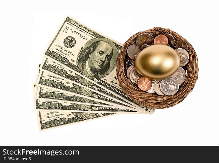 Golden Nest Egg Shown With Lots Of Money