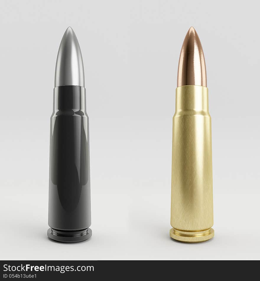 Two versions of a 7.62x 39 mm assault rifle round on neutral background. Two versions of a 7.62x 39 mm assault rifle round on neutral background