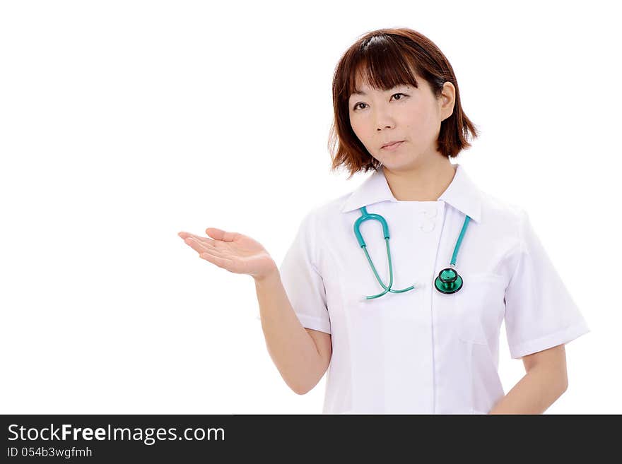 Young asian female nurse rise hand showing blank sign. Young asian female nurse rise hand showing blank sign