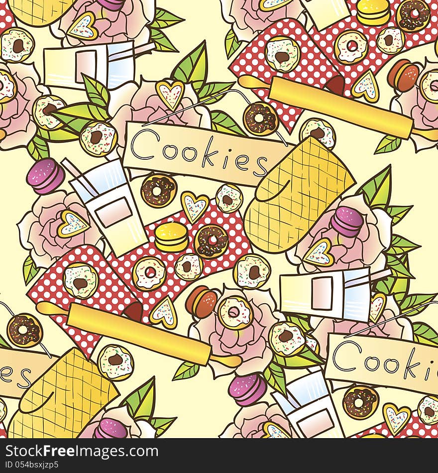 Vector seamless background with cookies and milk. Vector seamless background with cookies and milk