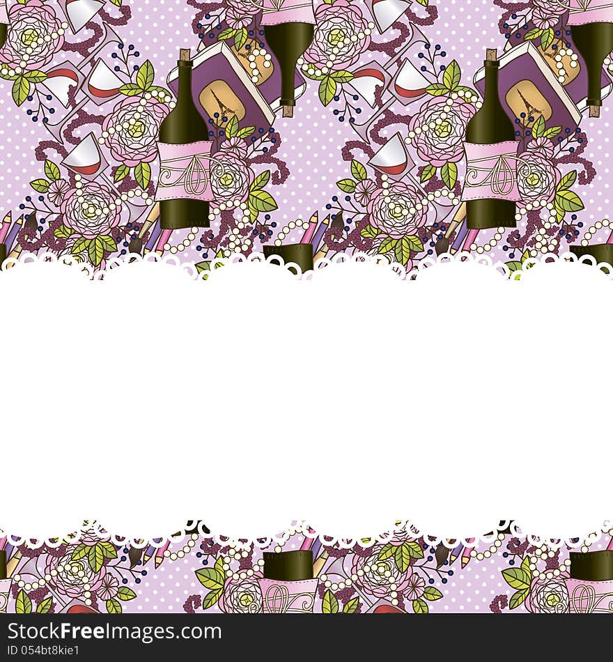 Vector romantic background with wine and flowers. Vector romantic background with wine and flowers