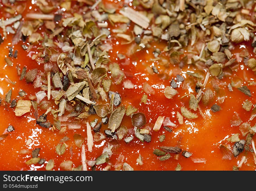 Pizza dough with tomato sauce and oregano. Pizza dough with tomato sauce and oregano