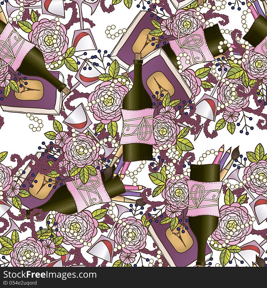 Vector romantic seamless background with wine and flowers. Vector romantic seamless background with wine and flowers