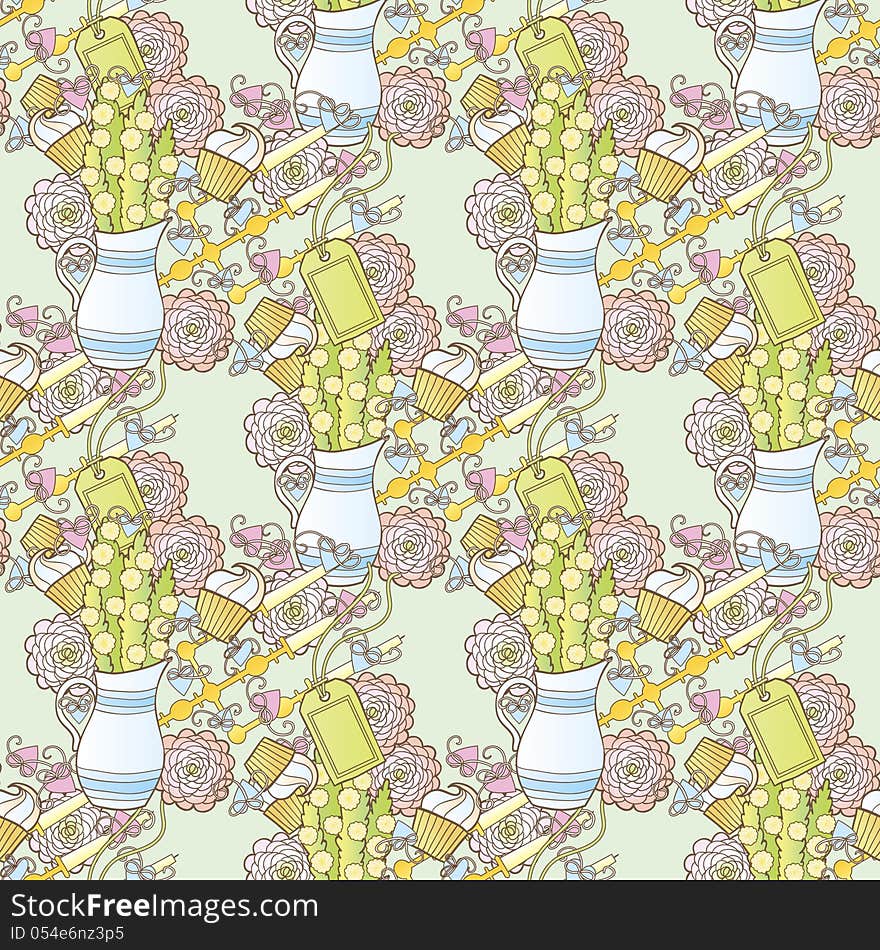 Vector tranquil background with flowers and hearts