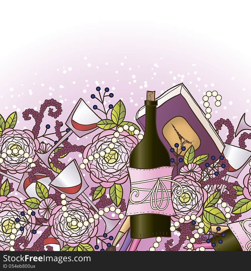 Vector romantic background with wine and flowers. Vector romantic background with wine and flowers