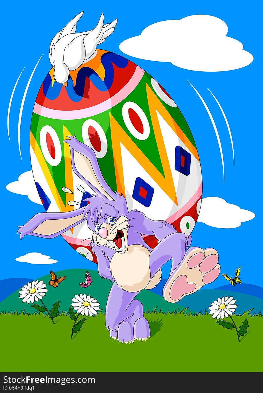 Illustration of a funny easter bunny carrying a huge and coloured easter egg. On the egg there is a white dove. Spring landscape. Available in vector EPS format.