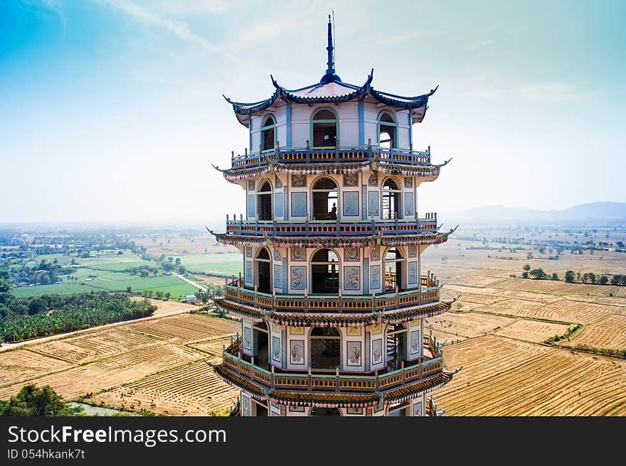 Chinese-style pagoda. at Wat Tham Khao Noi, temple in Kanchanaburi, Thailand.