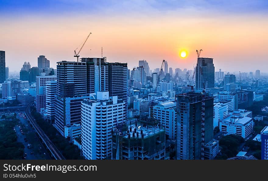 Construction site at sunset