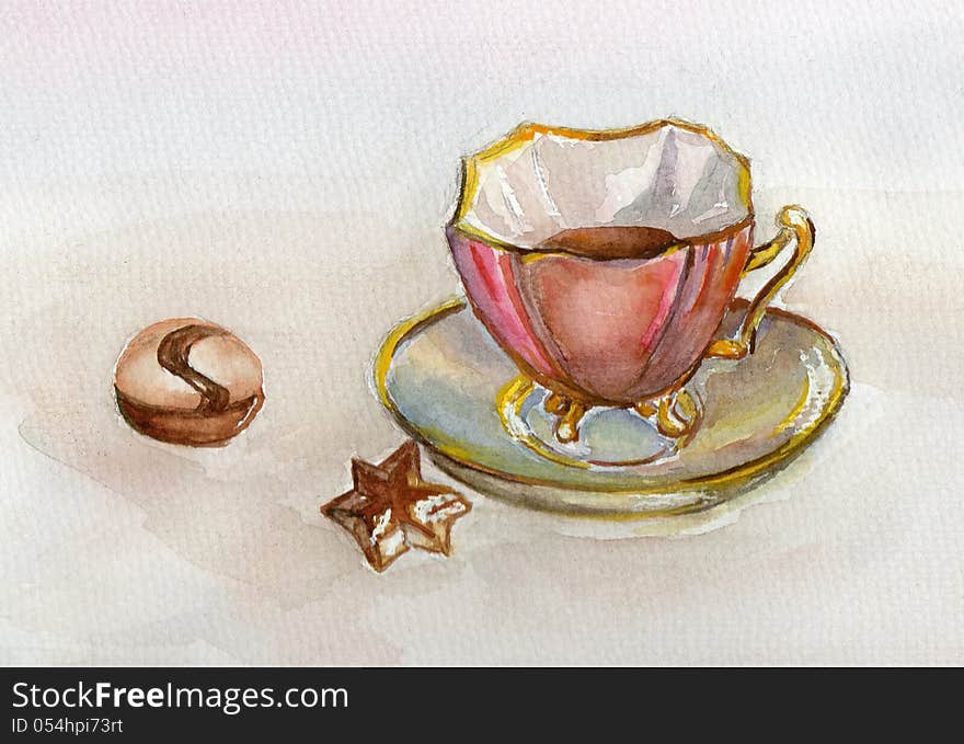 Watercolor illustration of coffee cup and chocolate candies. Watercolor illustration of coffee cup and chocolate candies