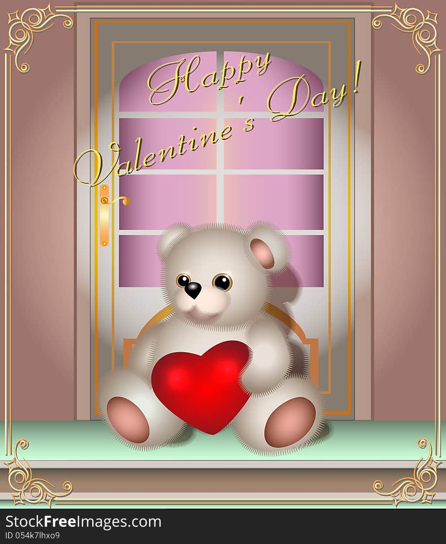 Greeting card with teddy bear and door