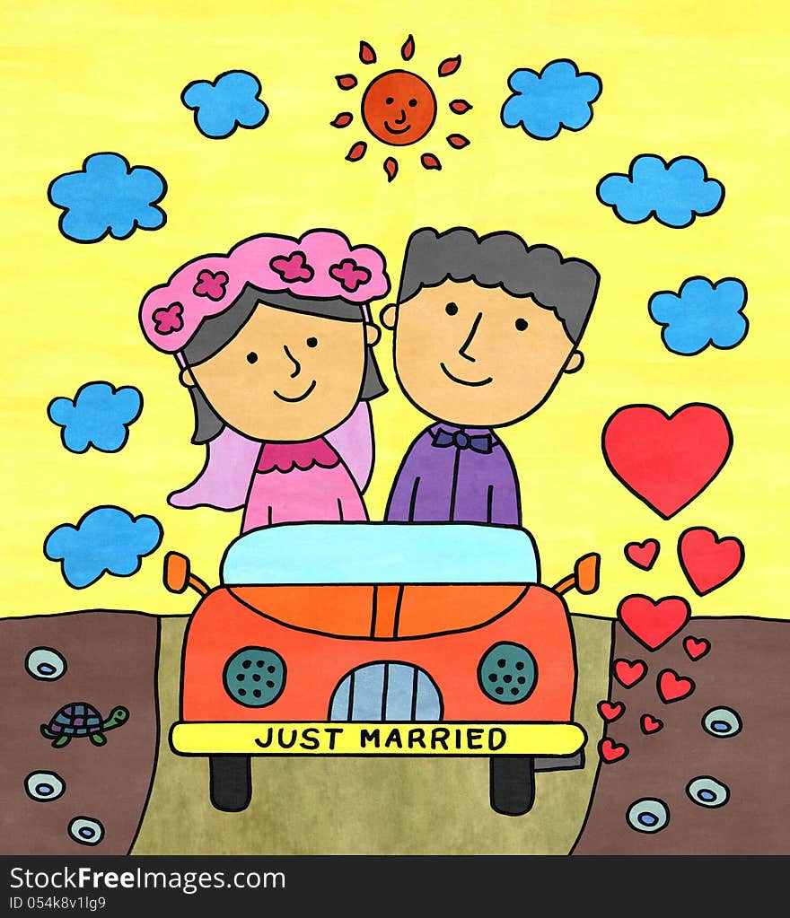 A colorful illustration of a newly wed couple riding a car. A colorful illustration of a newly wed couple riding a car