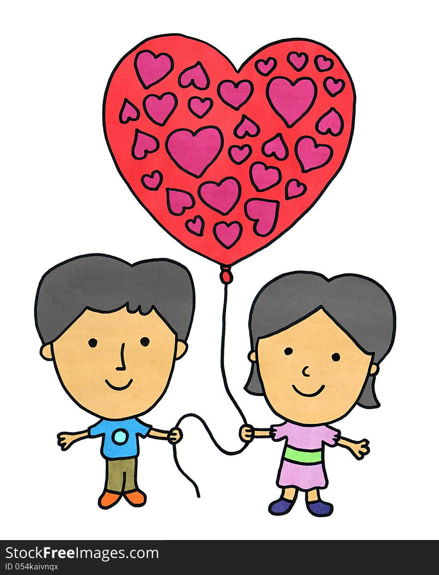 A cute cartoon couple holding a big heart balloon filled with hearts. A cute cartoon couple holding a big heart balloon filled with hearts