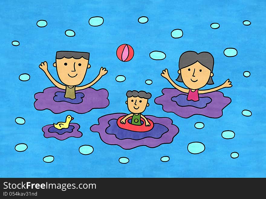 A cartoon illustration of a family playing beach ball at the beach