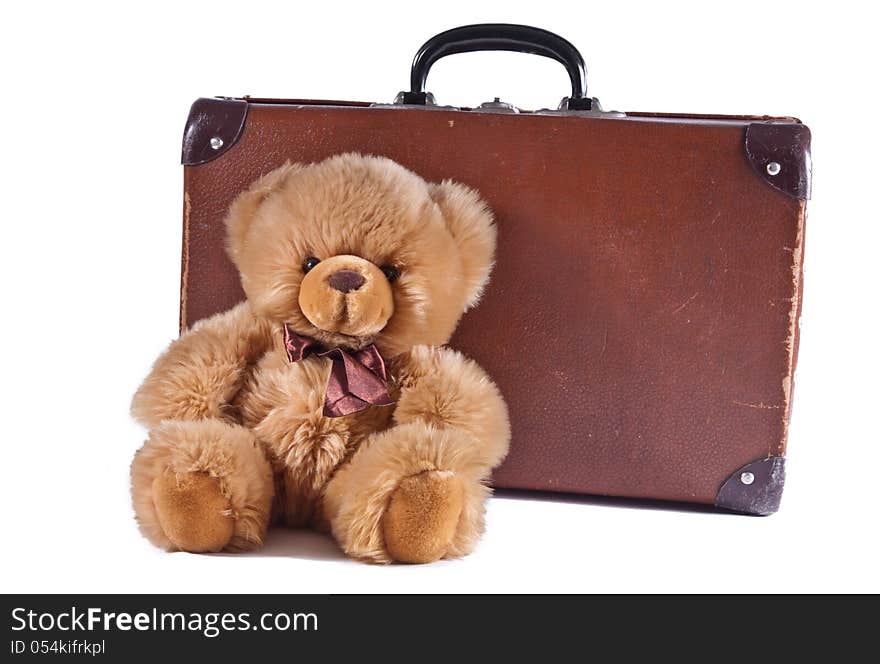 Bear with suitcase on white