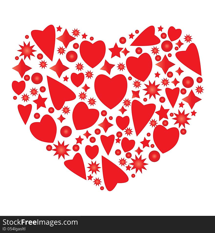 Simple shapes and hearts are arranged in the form of heart. Simple shapes and hearts are arranged in the form of heart