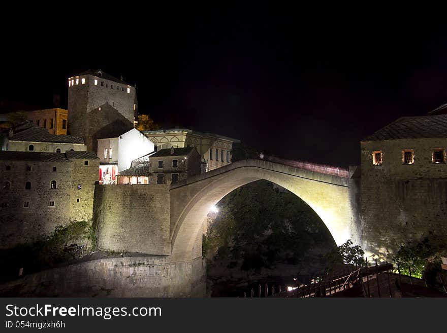 Old Bridge in Mostar at night, Bosnia and Herzegovina. The bridge was reconstructed in 2003 after the original from 1556