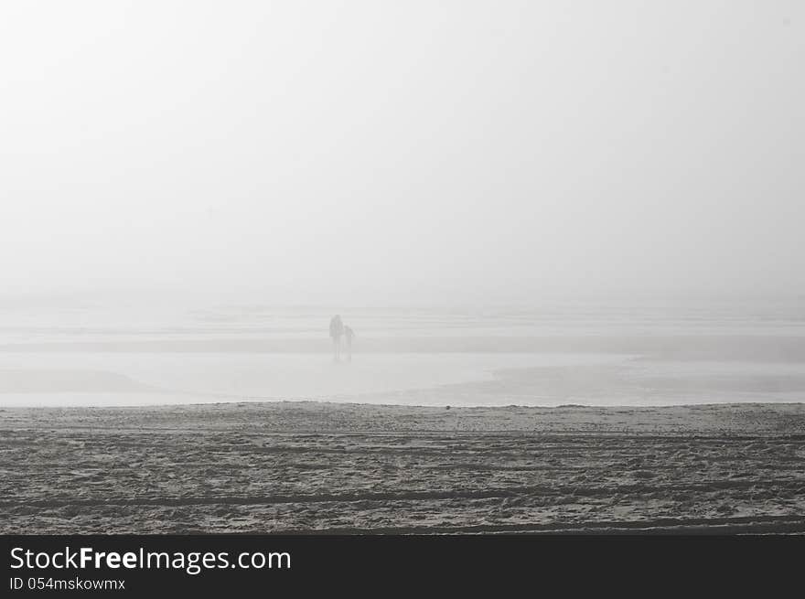 People on beach in the fog