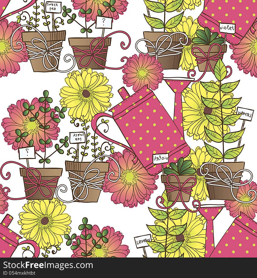 Vector bright background with flowers, plant and watering pot. Vector bright background with flowers, plant and watering pot