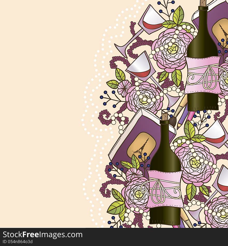 Vector romantic background with wine and flowers. Vector romantic background with wine and flowers