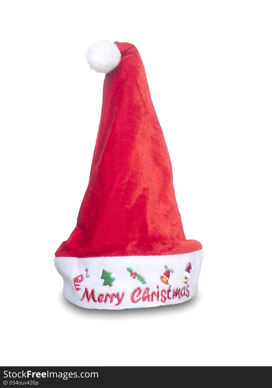 Red santa claus hat over white background