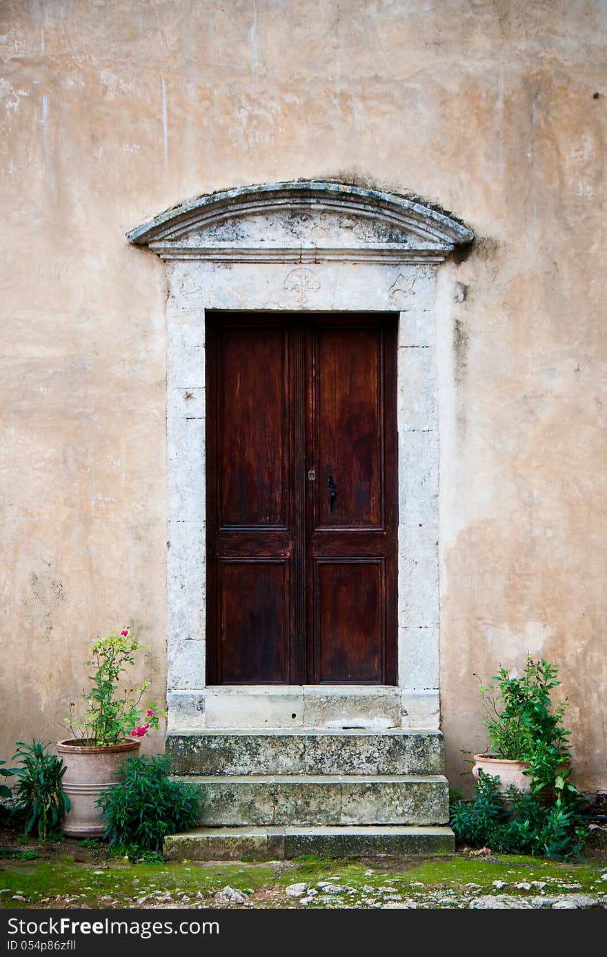 Closed church door from the Monastery of Arcadia in Crete, Greece