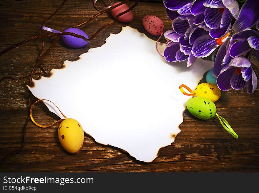 Art Easter decoration with blank card, eggs and crocus. Art Easter decoration with blank card, eggs and crocus