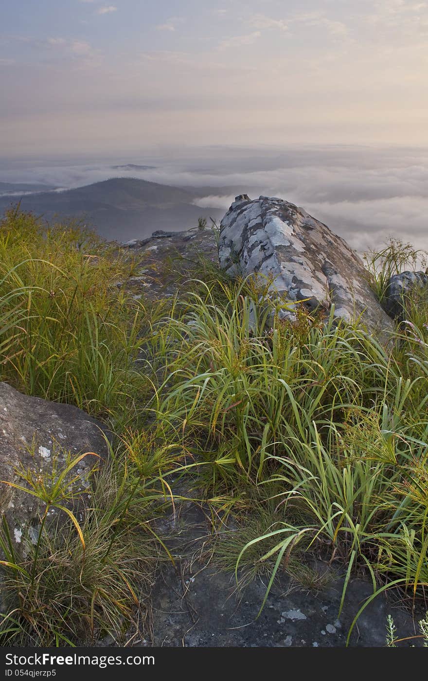 Lichen-covered rock and green grass in front of misty valley. Lichen-covered rock and green grass in front of misty valley