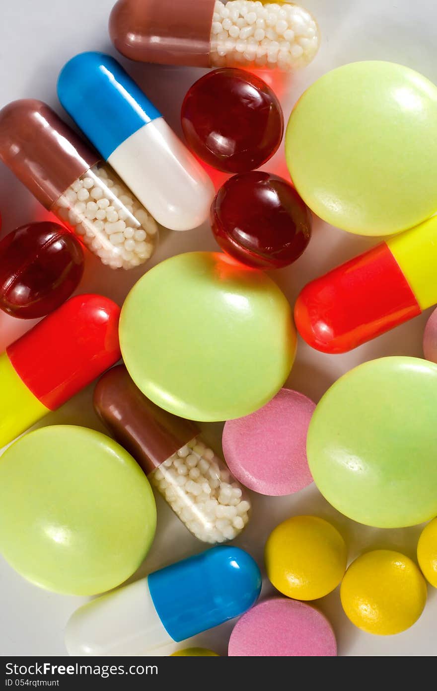 Colored pills, tablets and capsules