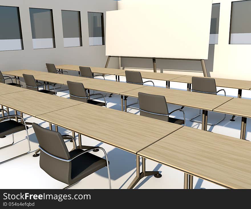 Meeting room, tables, chairs and blackboard