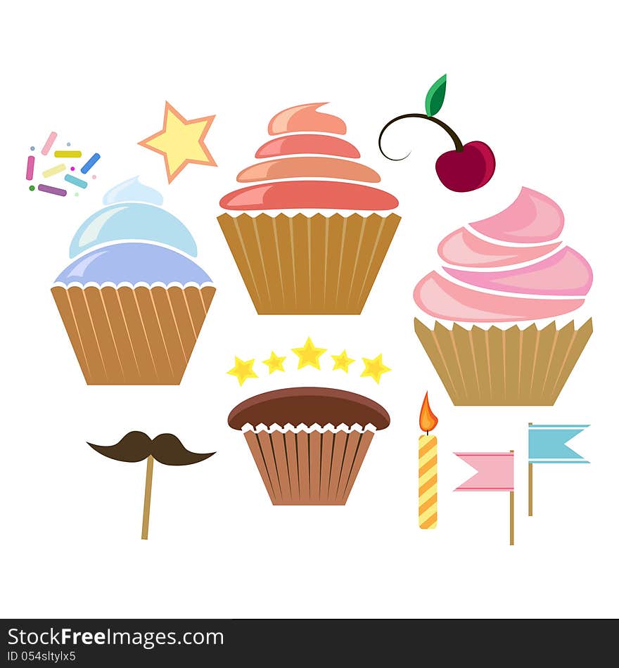 Illustration of color cupcakes isolted on white. Illustration of color cupcakes isolted on white