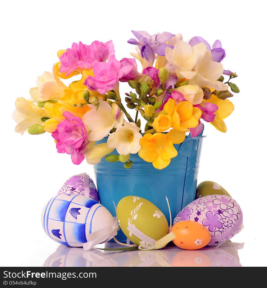 Spring flowers with easter eggs