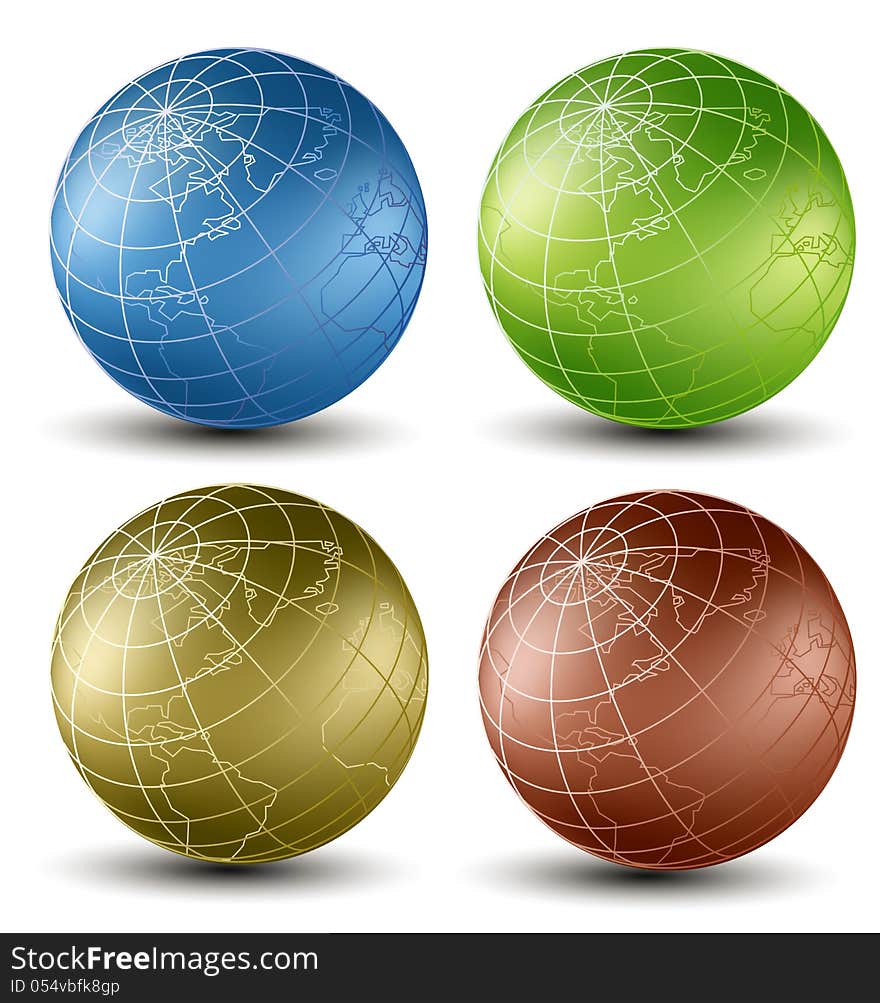 Isometric earth globes set different colors on a white background