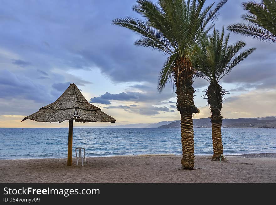 View on the gulf of Aqaba from sandy beach of Eilat