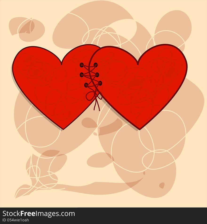 Red hearts, connected by one thread, drawing,beige background