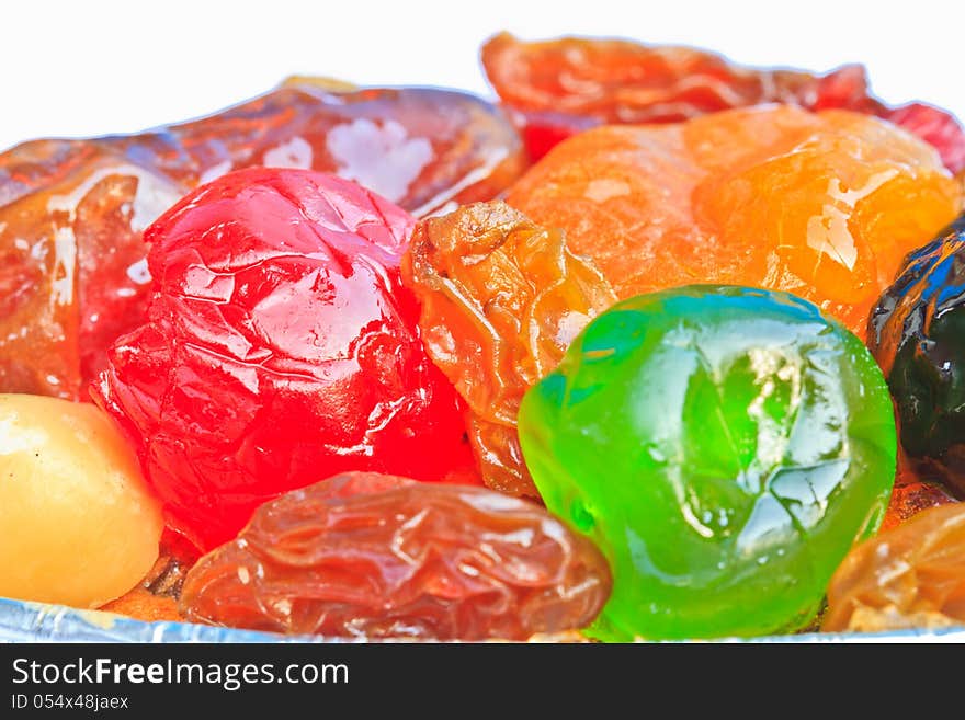 Close up  fruited cake on white background. Close up  fruited cake on white background