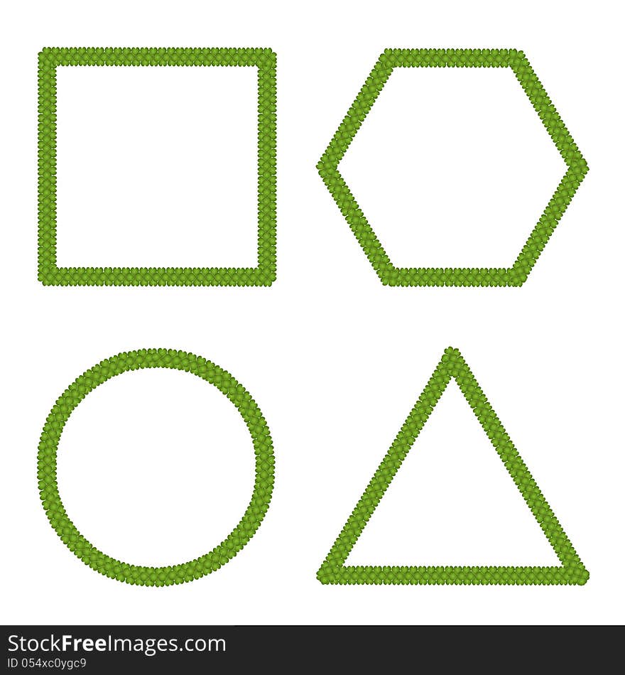 Ecology Concept of Fresh Green Four Leaf Clover Forming Square, Circle, Triangle and Hexagon Isolated on White Background. Ecology Concept of Fresh Green Four Leaf Clover Forming Square, Circle, Triangle and Hexagon Isolated on White Background