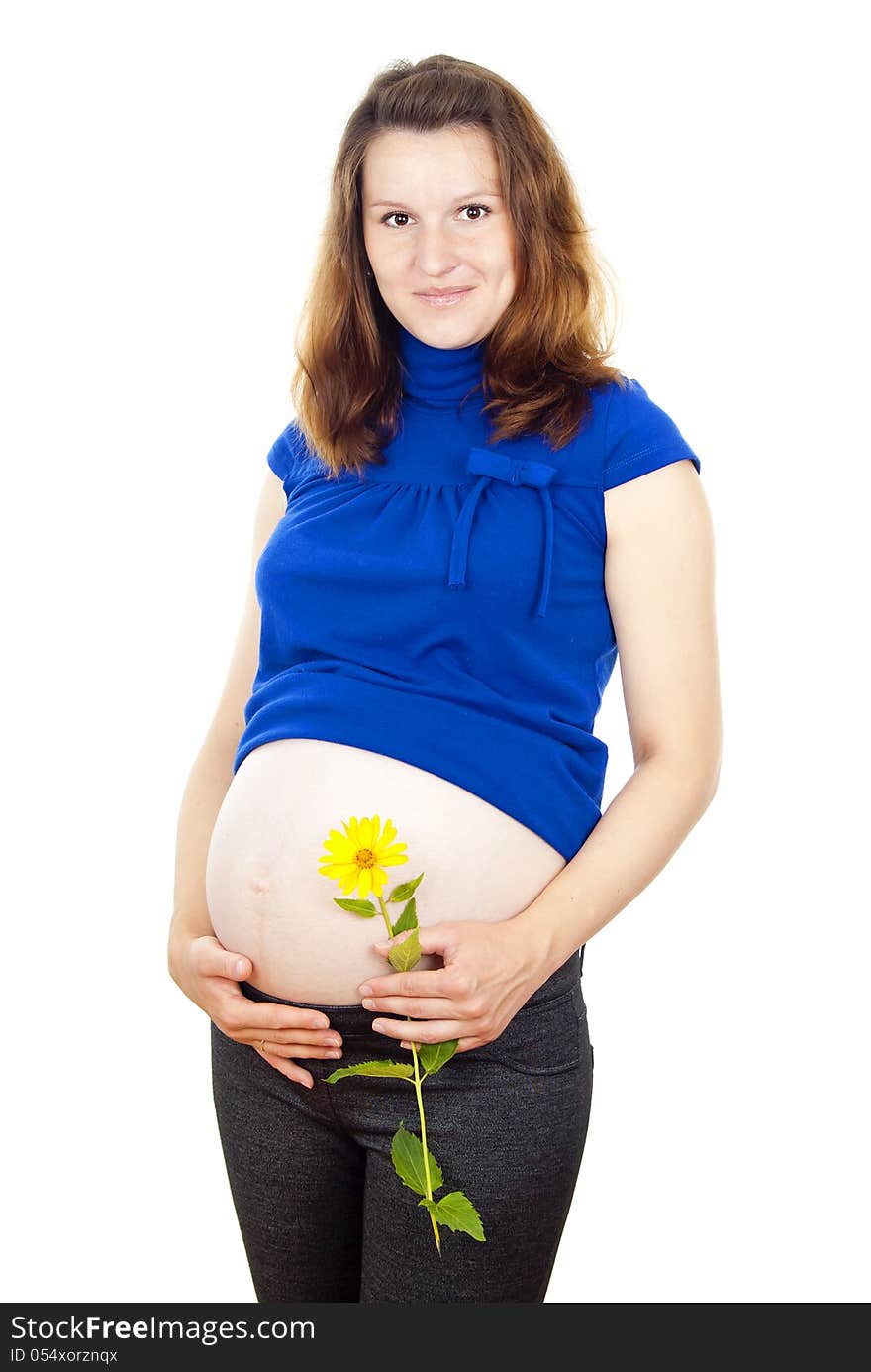 Pregnant woman standing and holding his stomach. Pregnant woman standing and holding his stomach