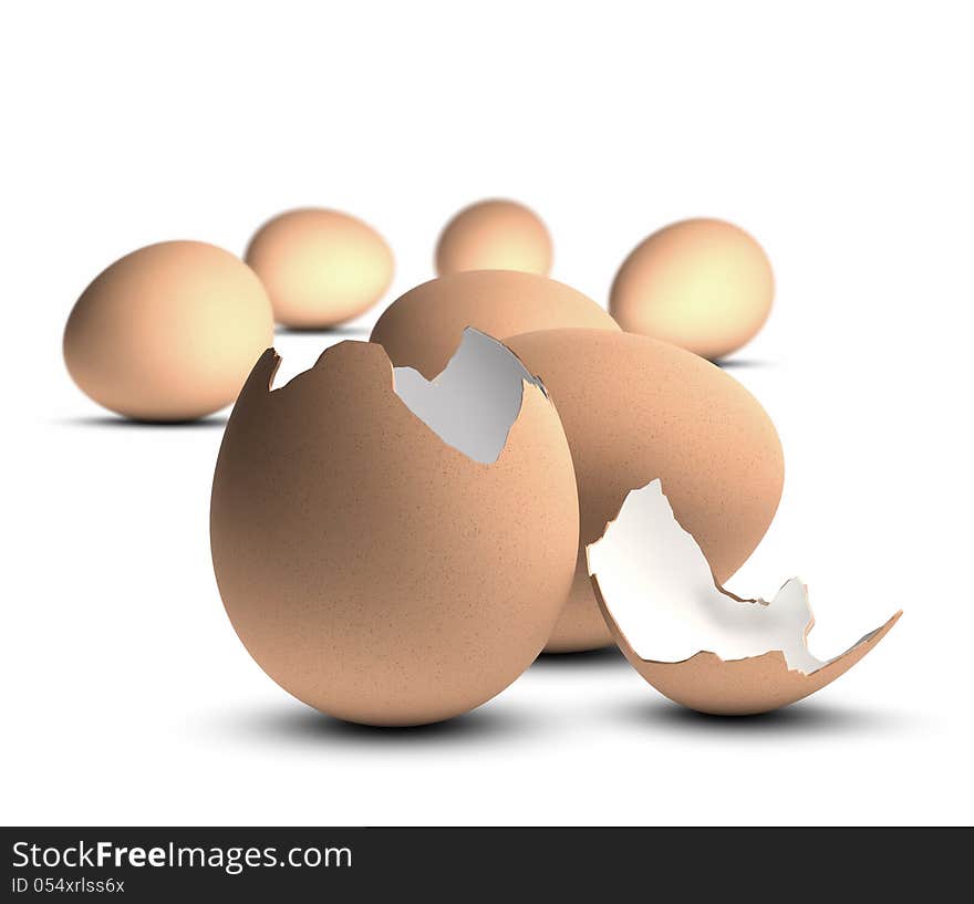 One open egg and many whole eggs, white background, concept of uniqueness. One open egg and many whole eggs, white background, concept of uniqueness