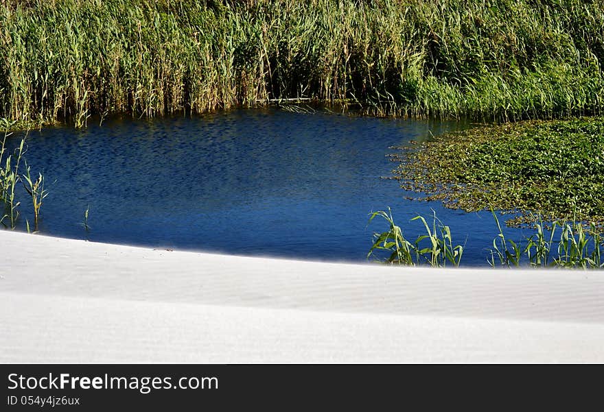 Landscape of little blue pond with white sand dune