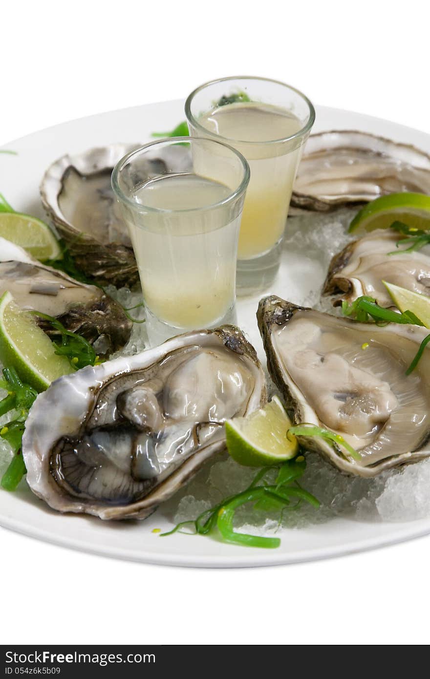 Oysters with lemon and ice on a white plate. Oysters with lemon and ice on a white plate