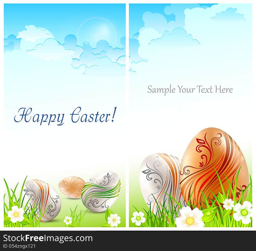 Easter card, eggs with flowers on green grass & text, vector illustration. Easter card, eggs with flowers on green grass & text, vector illustration