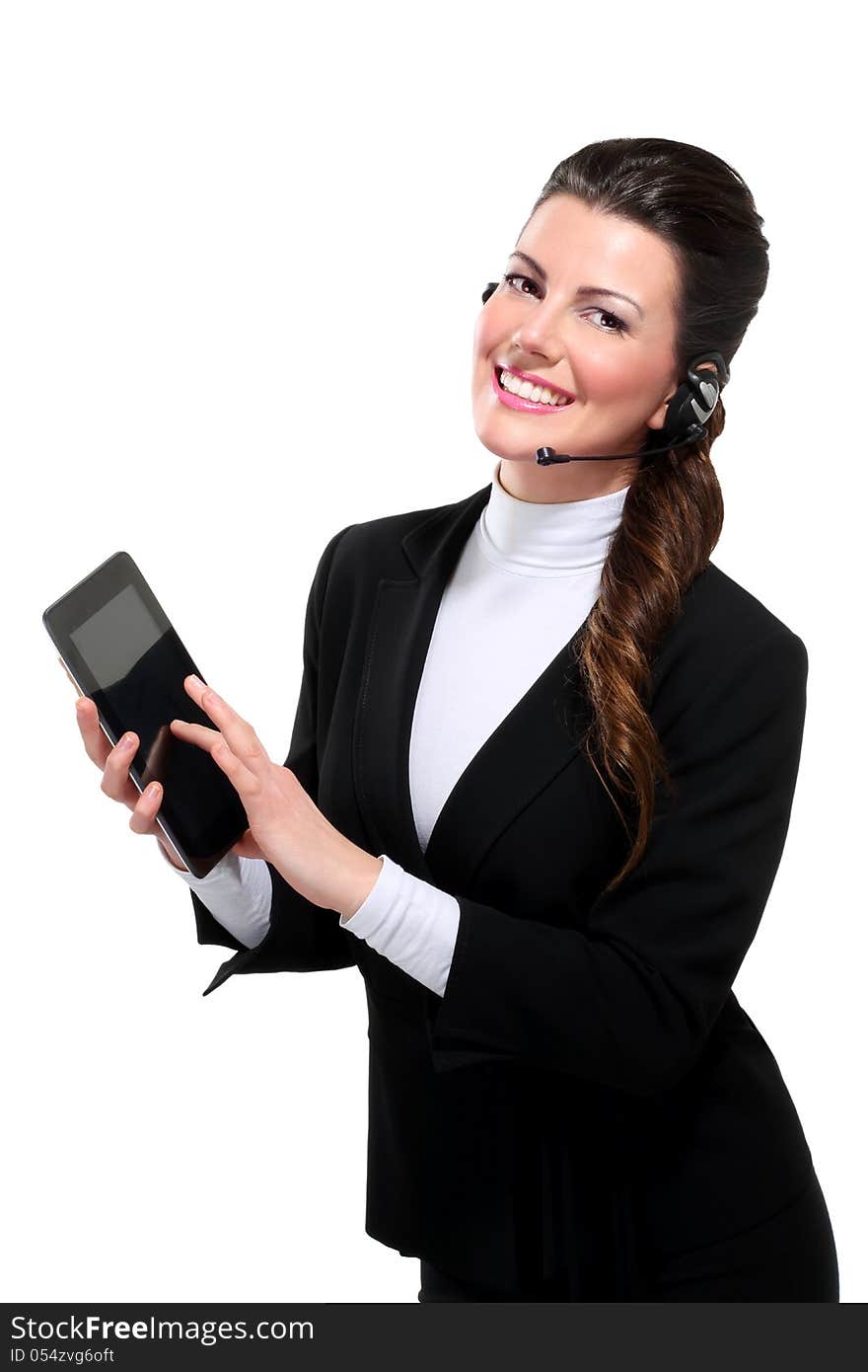 Young beautiful happy business woman with tablet on white